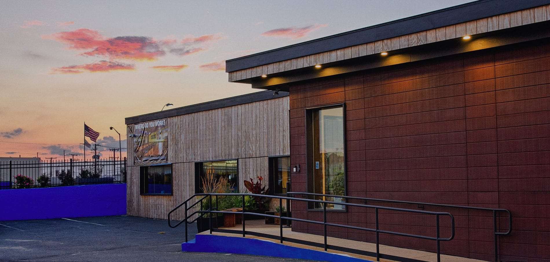 Bridgeworks building at sunset